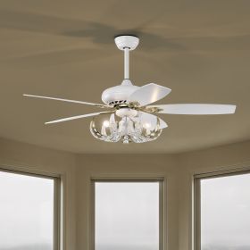 52" Crystal Ceiling Fan with 5 Reversible Blades Light Kit and Remote Control, 3-Speed - Matte White