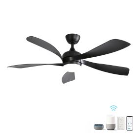 52 Inch Modern Ceiling Fan With 3 Color Dimmable Light 5 ABS Blades Smart Remote Control Reversible DC Motor Black