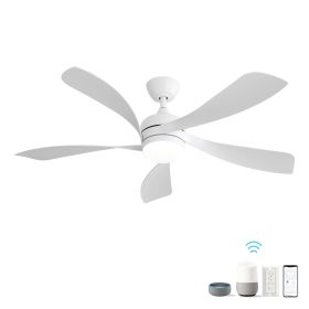 52 Inch Modern Ceiling Fan With 3 Color Dimmable Light 5 ABS Blades Smart Remote Control Reversible DC Motor White For Indoor