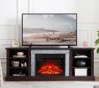 Large TV Desk Storage Rack with Faux Stacked Stone Surround,Media Console Table with Large Storage Cabinet