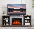 Large TV Desk Storage Rack with Faux Stacked Stone Surround,Media Console Table with Large Storage Cabinet